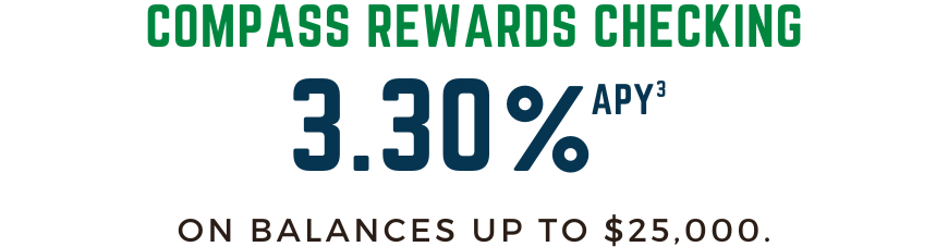 compass rewards checking. 3.30% APY(3). on balances up to $25,000.