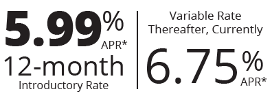5.99% APR** 12-month Intro Rate. Variable Rate thereafter, currently 6.75% ARP**